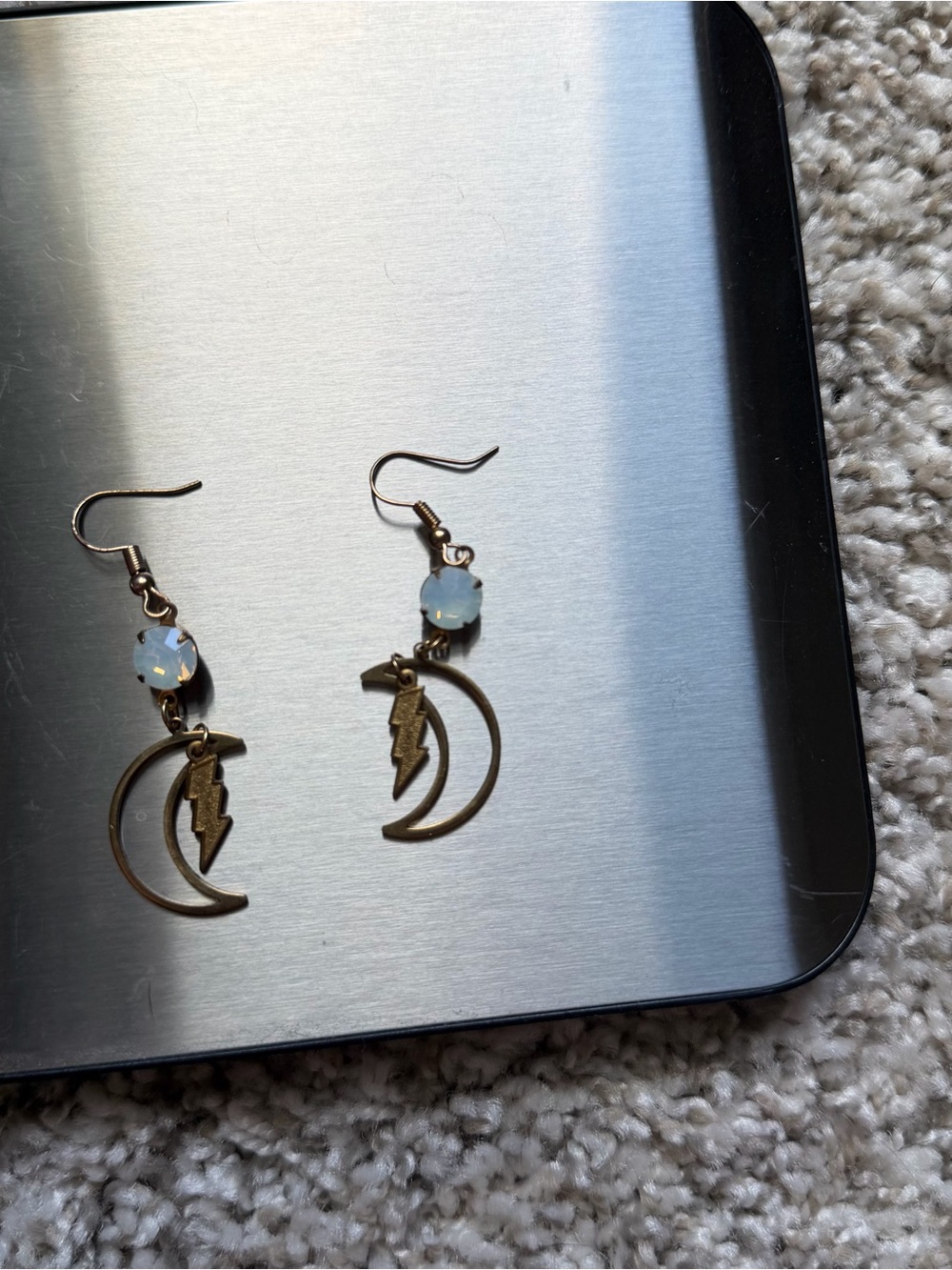 Whimsigoth Celestial Moon lightning bolt opal gem earrings